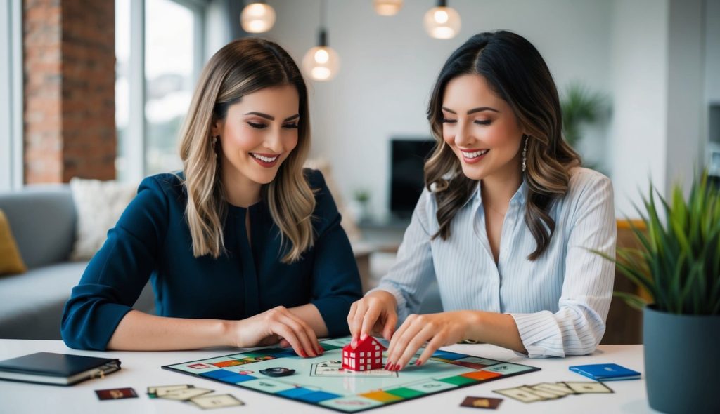 Two younger women playing a game of Monopoly to learn how to build a rental property portfolio.