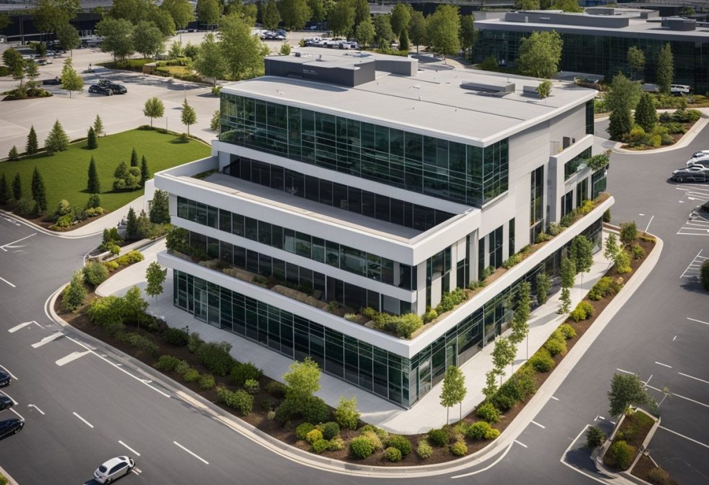 A modern commercial building with multiple tenants, each responsible for their own operating expenses, surrounded by a well-maintained parking lot and landscaping