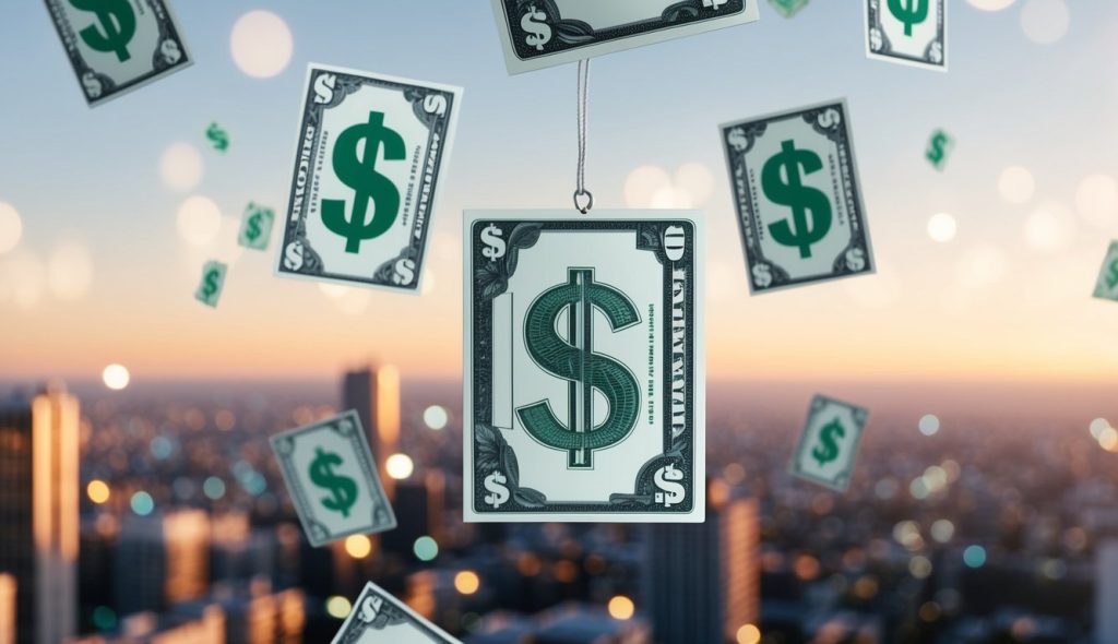 dollar signs floating through the air representing real estate cash flow from a rental property