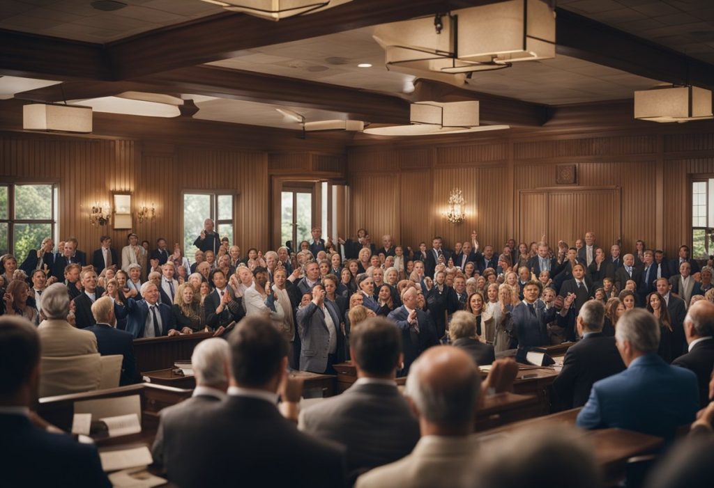 A crowded auction room with bidders raising paddles, an auctioneer at the podium, and a wall lined with real estate listings