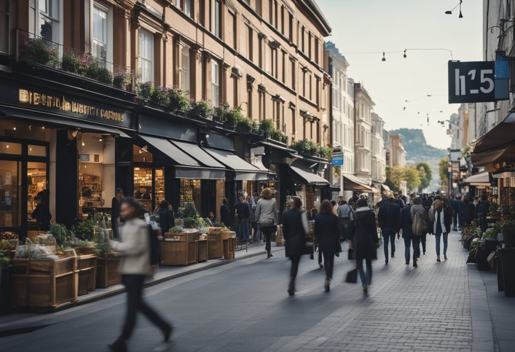 A bustling street with shops, cafes, and apartments above. Pedestrians walk by as cars pass, creating a lively urban atmosphere