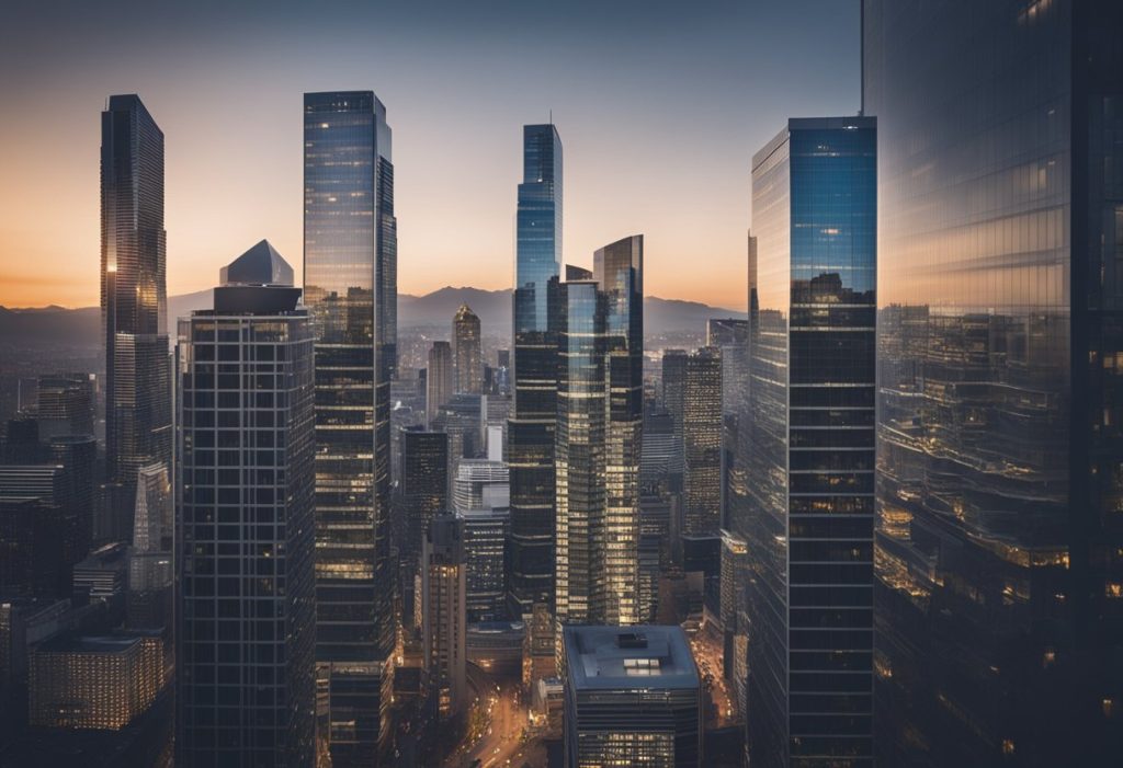 An urban skyline with towering office buildings and a bustling cityscape, featuring modern architecture and a prominent commercial real estate presence