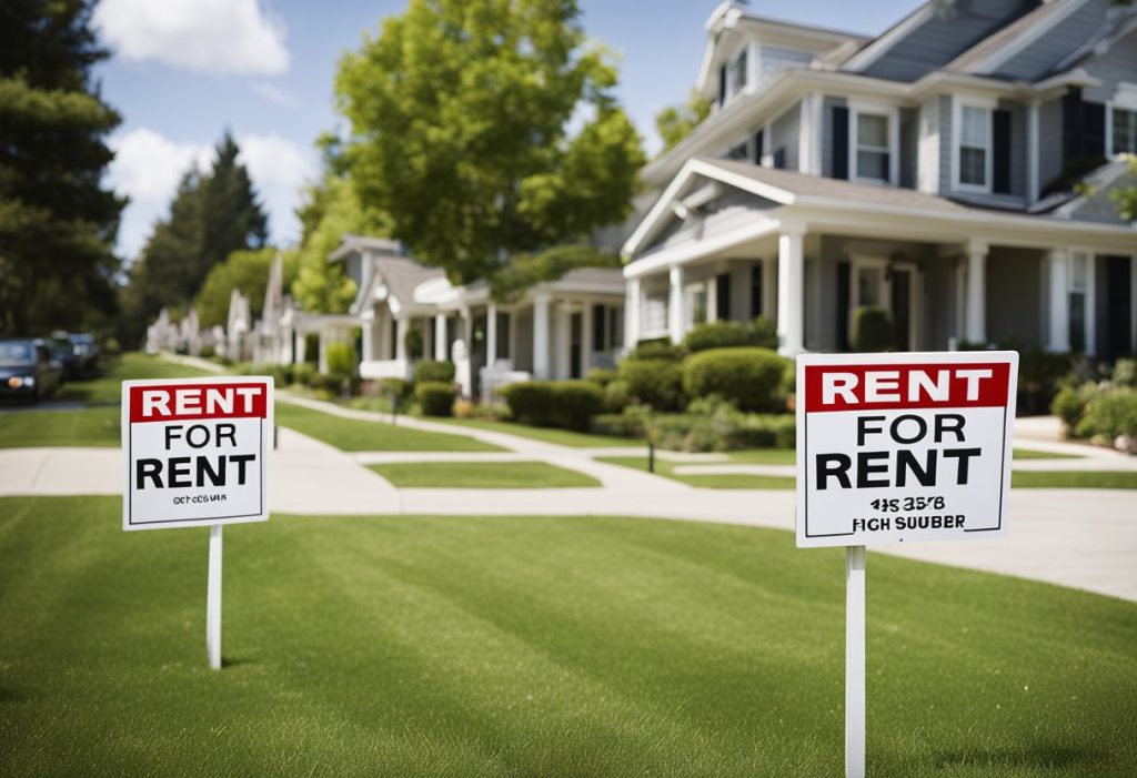 A row of suburban houses with "For Rent" signs in front, surrounded by trees and sidewalks