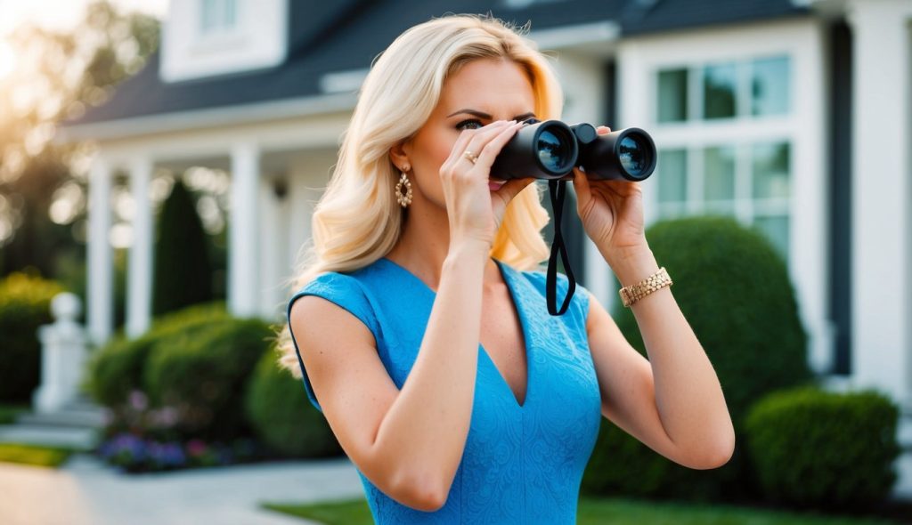 A blonde female real estate investor wearing a dress and standing in front of a house looking at it through binoculars symbolizing her search for off market real estate deals.