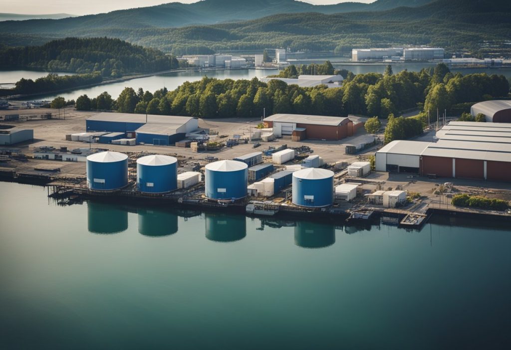A small bay with industrial buildings and warehouses, surrounded by water and docks
