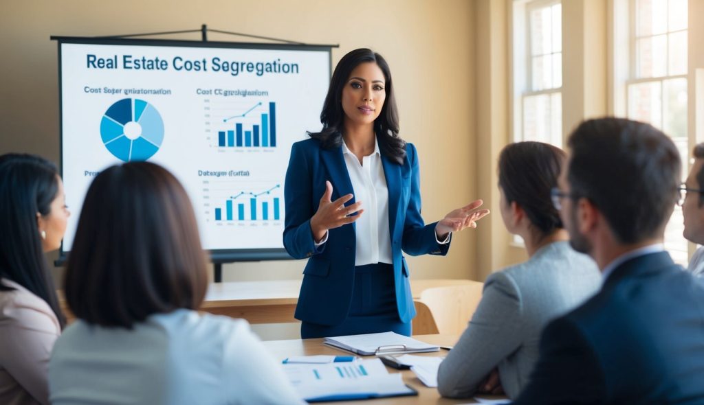 A female CPA teaching a class on real estate cost segregation.