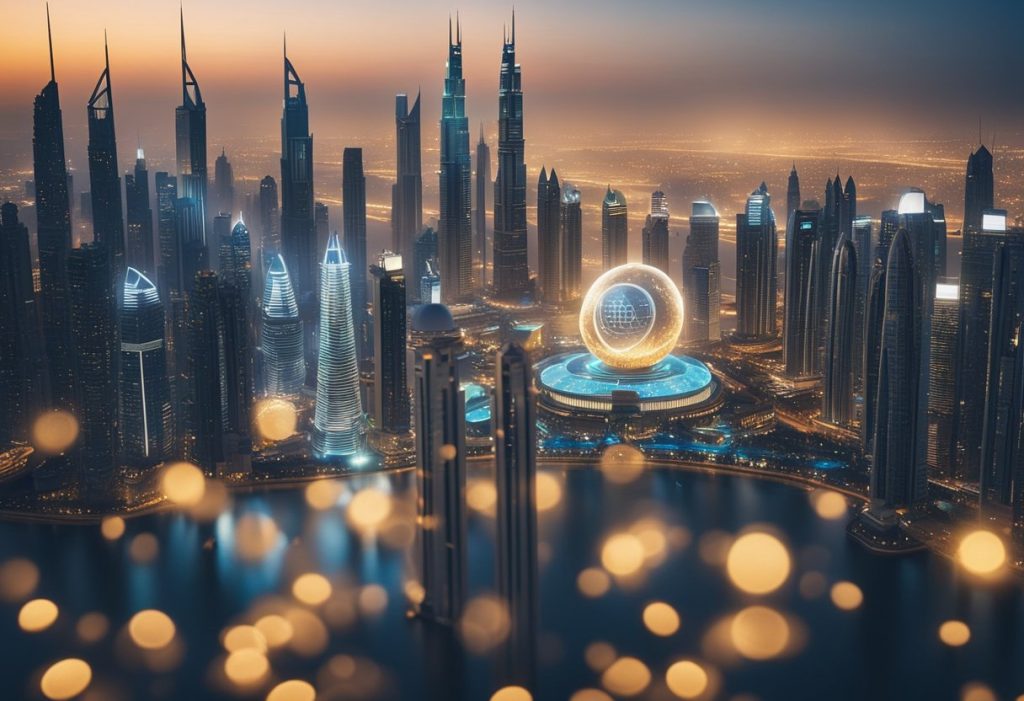 A futuristic skyline of Dubai with digital tokens floating above iconic real estate landmarks
