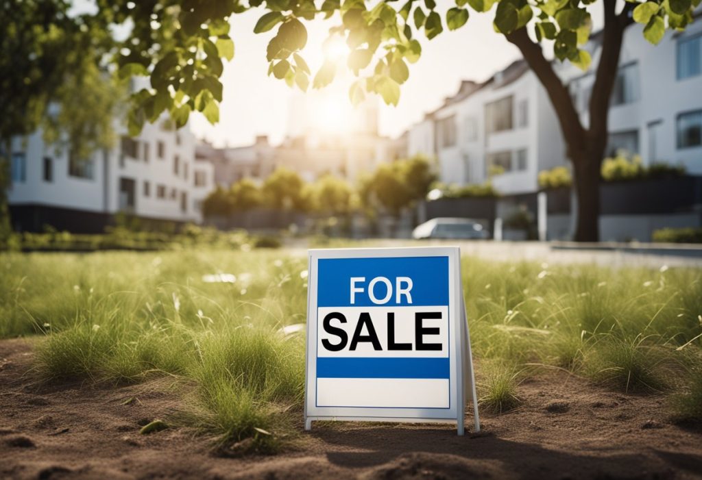 An empty plot of land with a "For Sale" sign, surrounded by other properties and buildings