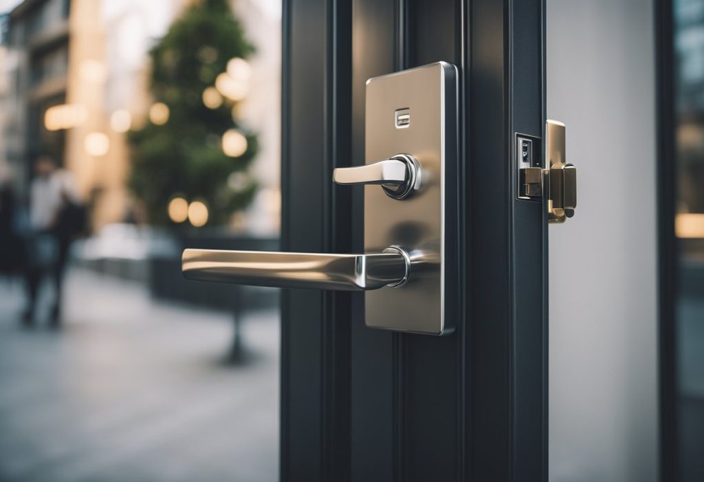 A furnished apartment with modern decor and a key lockbox on the door, located in a bustling urban neighborhood