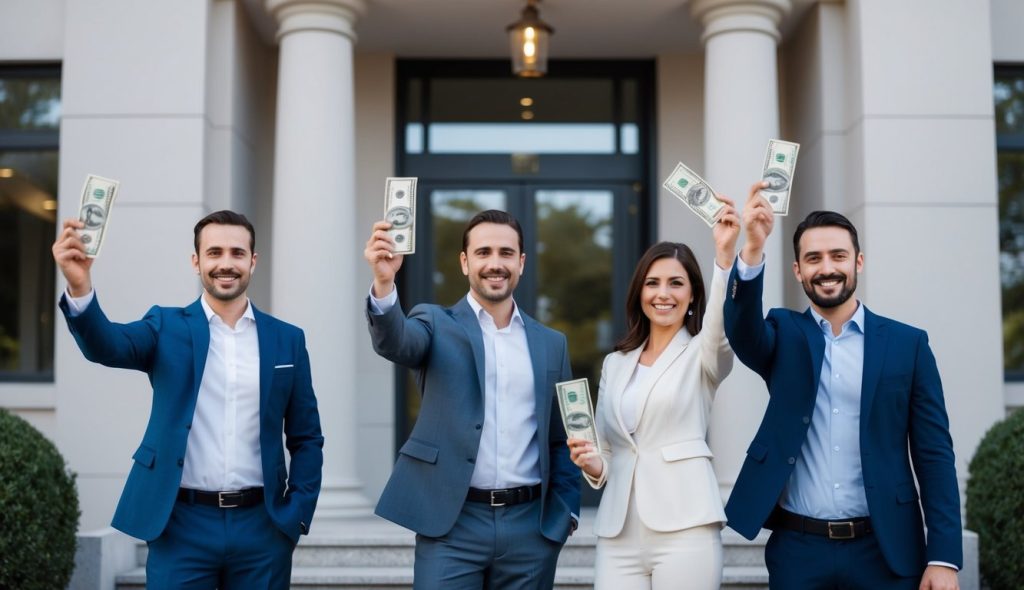 A crowd of real estate investors standing in front of an apartment building waving dollar bills to be part of a real estate crowdfunding project.