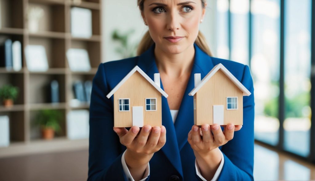 A pretty female real estate investor standing with her palms up, holding a house in each hand. She has a puzzled look on her face, as she decides what legal structure is best for holding rental property in.