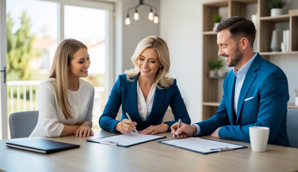 A real estate investor sitting at her desk in front of a happy young couple who are excited to be signing a rent to own contract for their house.