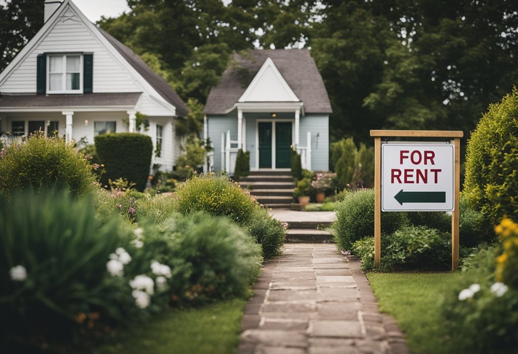 A cozy rental property with a "For Rent" sign out front, surrounded by a well-kept garden and a parking area