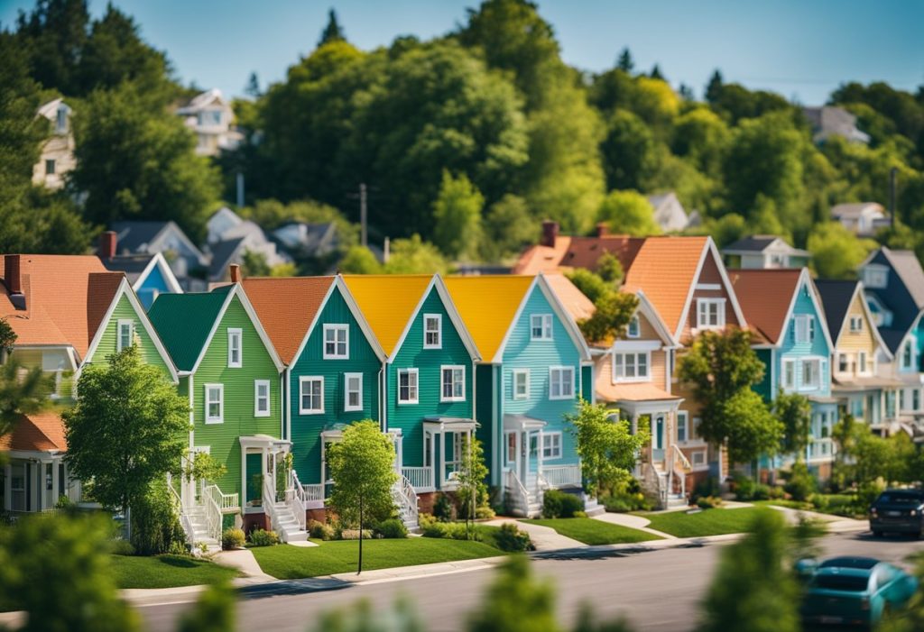 A row of small, colorful houses nestled within a tight-knit neighborhood, surrounded by greenery and community amenities