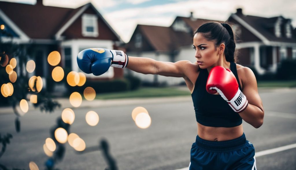 A pretty female boxer in shorts and a tank top punching an image of inflation with houses in the background.