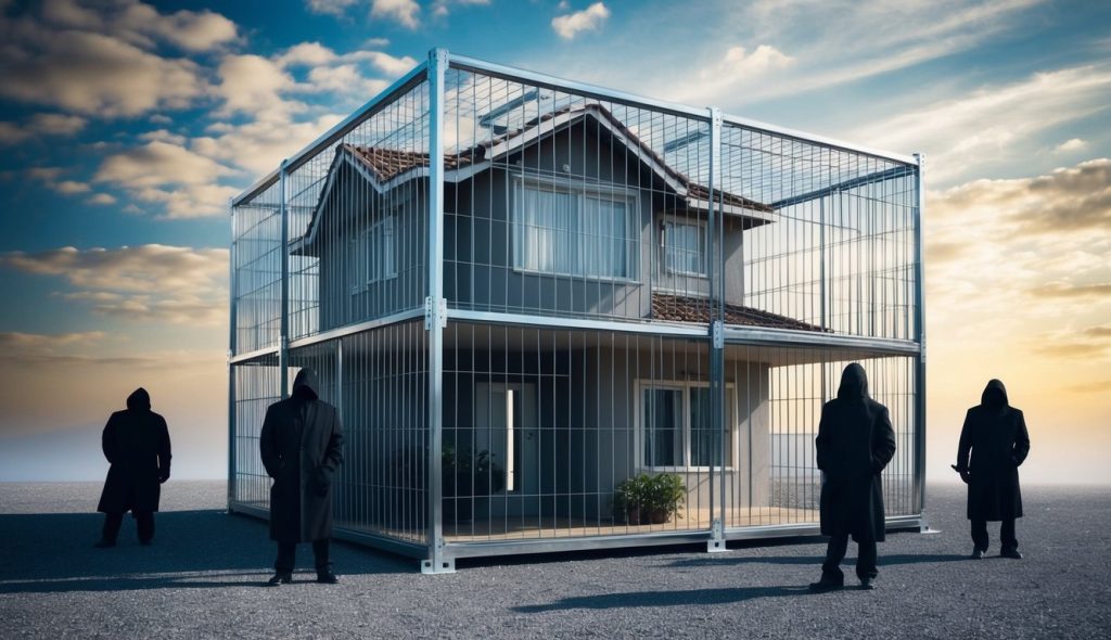 A house in a steel cage signifying asset protection and legal protection for a real estate investor while robbers lurk outside