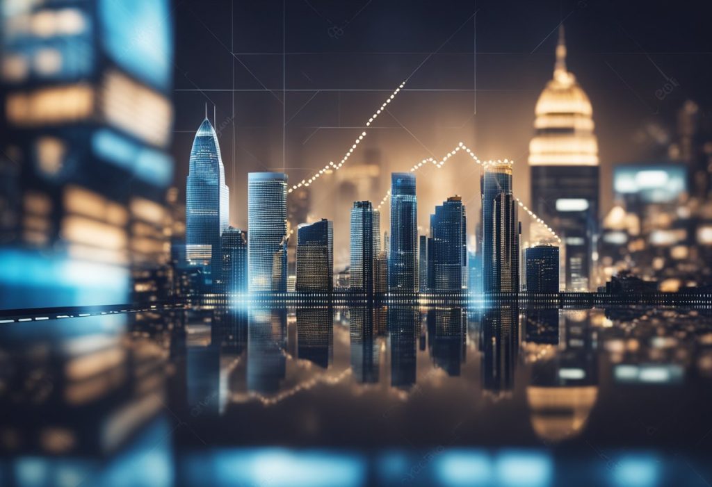 A modern city skyline with skyscrapers and a stock market graph in the background