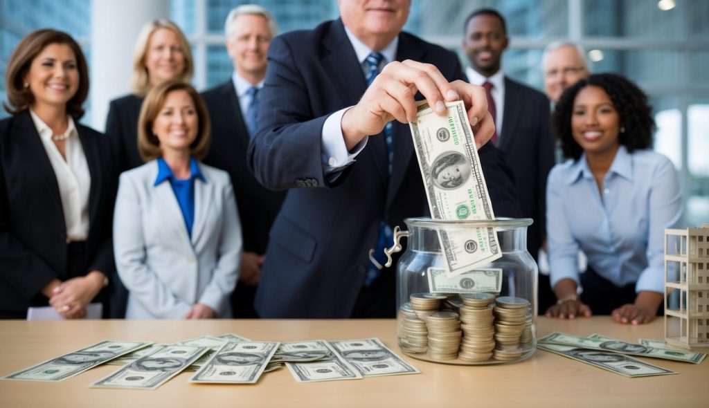A Federal Reserve representative pouring streams of dollars into a bank as real estate investors watch and rub their hands in anticipation.