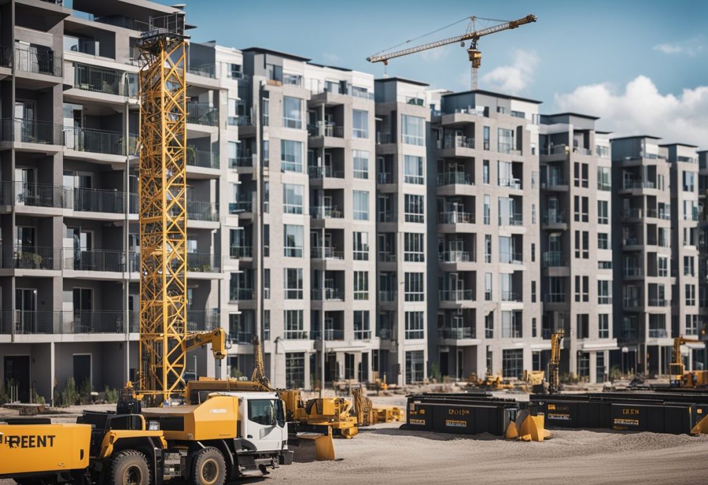 A row of modern apartment buildings with "For Rent" signs, surrounded by construction cranes and new infrastructure