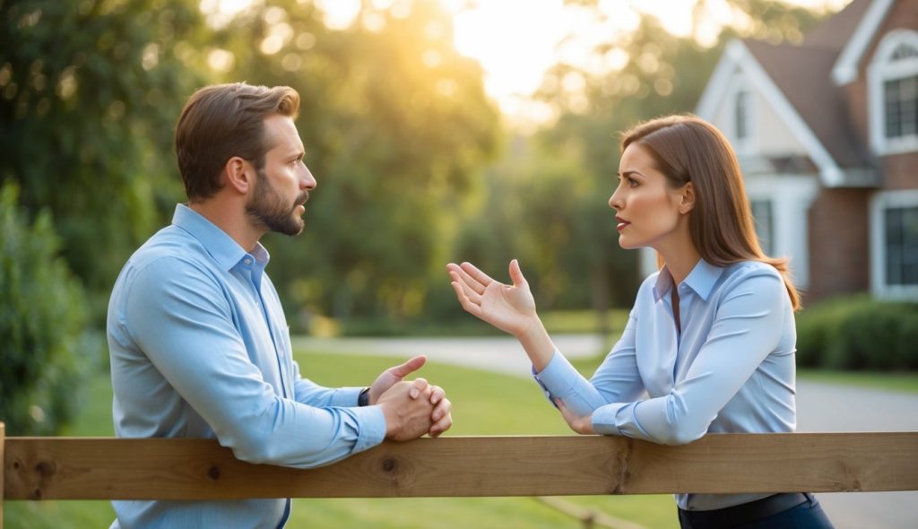 A man on one side of a fence and a woman on the other side of a fence, arguing about the real estate easement.