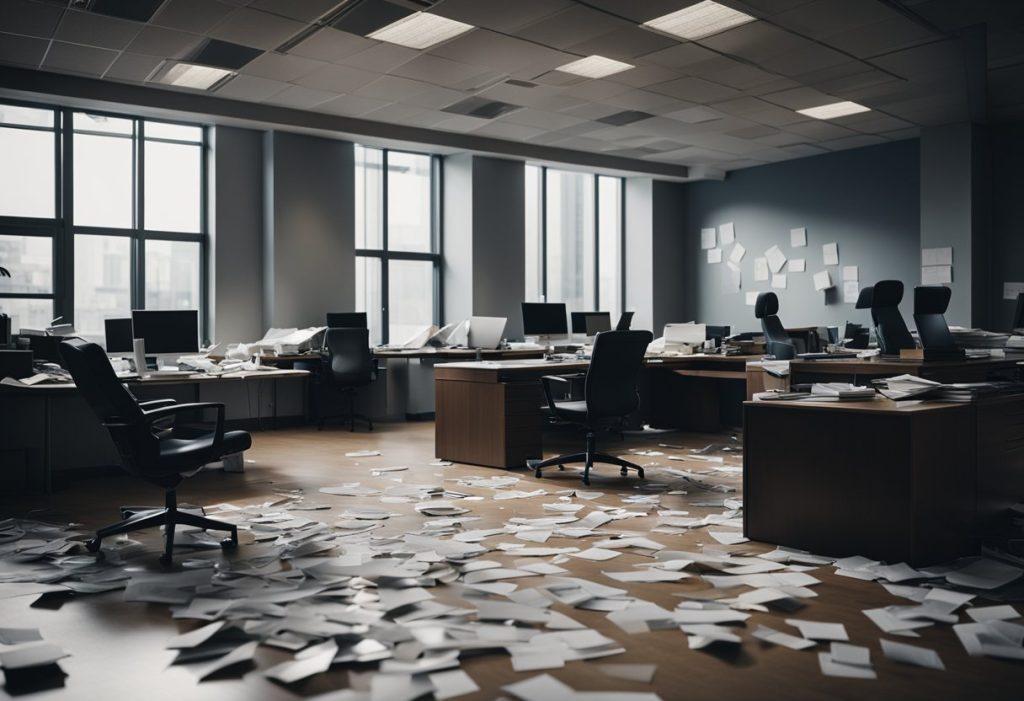 An empty office with scattered papers, overturned chairs, and a broken phone on the floor. The dim lighting adds to the feeling of distress