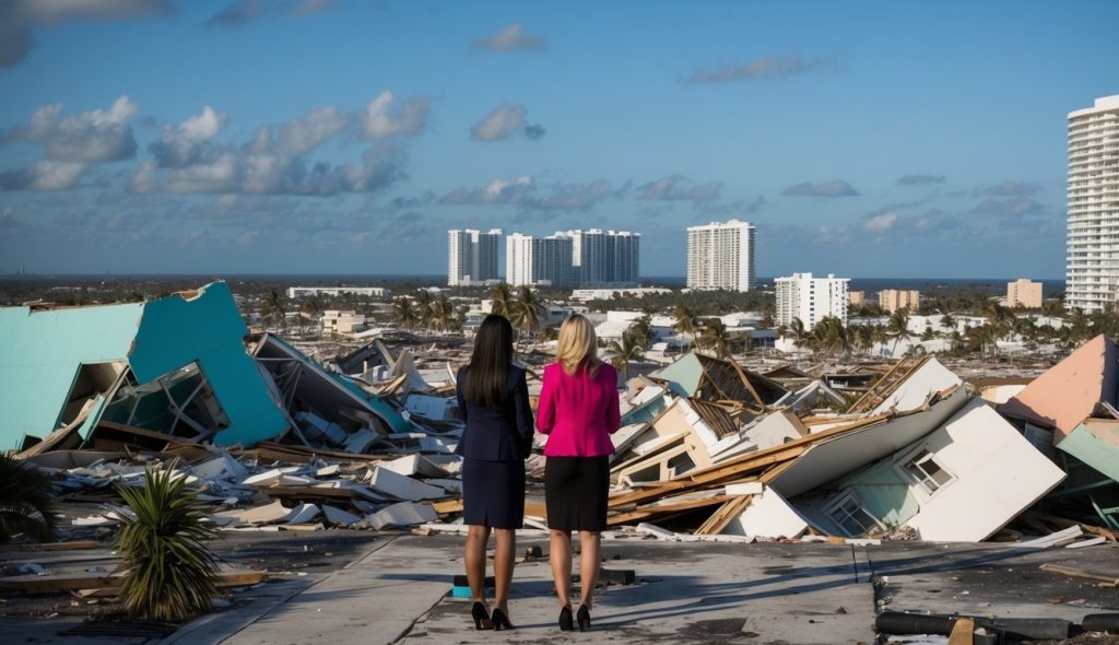 Downtown Miami devastated by a storm with collapsed houses as two female investors eye potential opportunities.