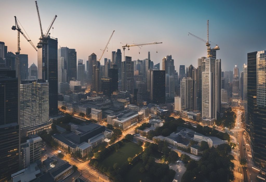 A bustling city skyline with towering office buildings and construction cranes, surrounded by bustling streets and traffic