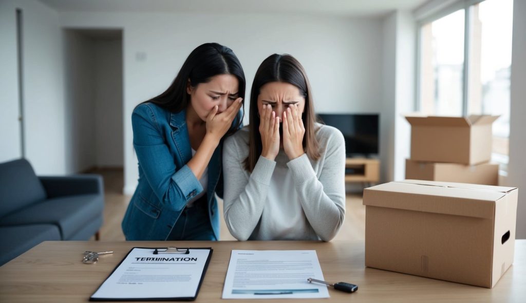 An empty apartment with a key left on the counter, a stack of moving boxes, and a termination letter on the table as two young women stand by and cry.