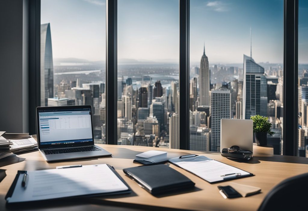 An office desk with a laptop, documents, and a ruler. A clipboard with a checklist and a pen. A window with a city skyline in the background