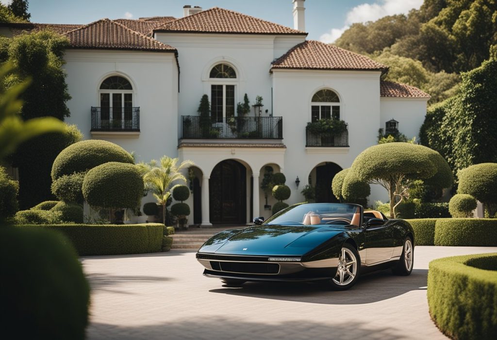 A luxurious mansion with a gleaming swimming pool surrounded by lush green gardens and a sleek sports car parked in the driveway