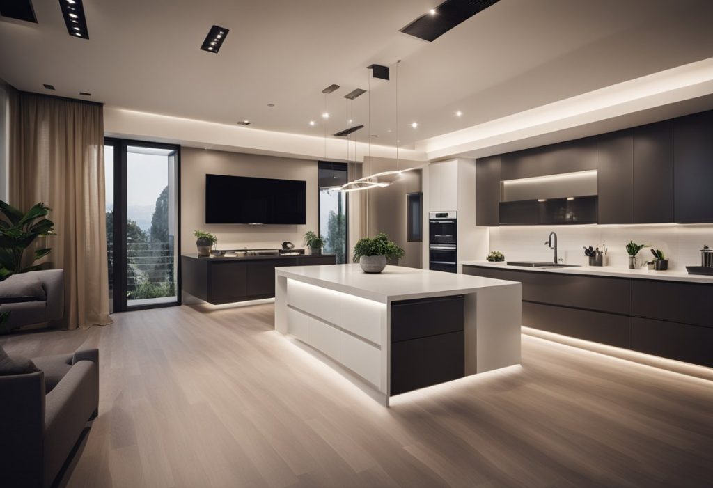 A modern house with automated lighting, security cameras, and smart appliances