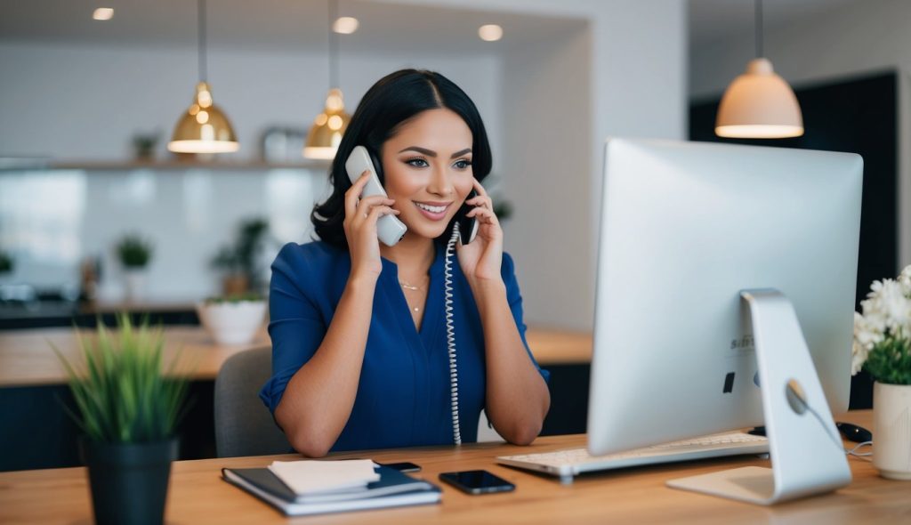 A real estate virtual assistant working on her computer while talking on the phone.