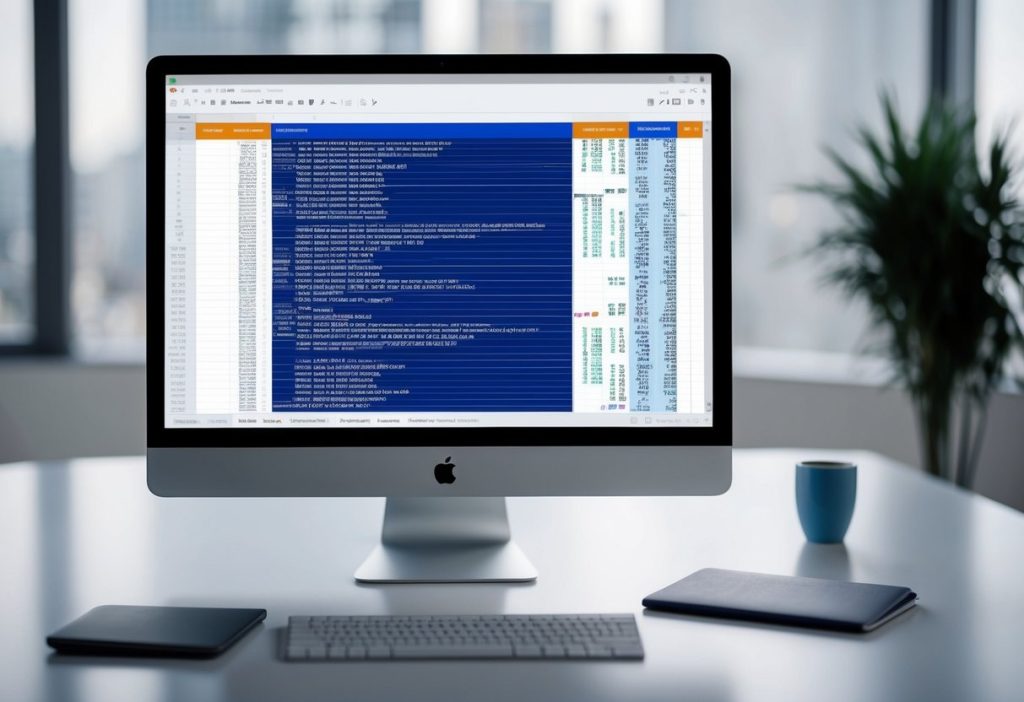A computer screen displaying lines of code and a spreadsheet with real estate data