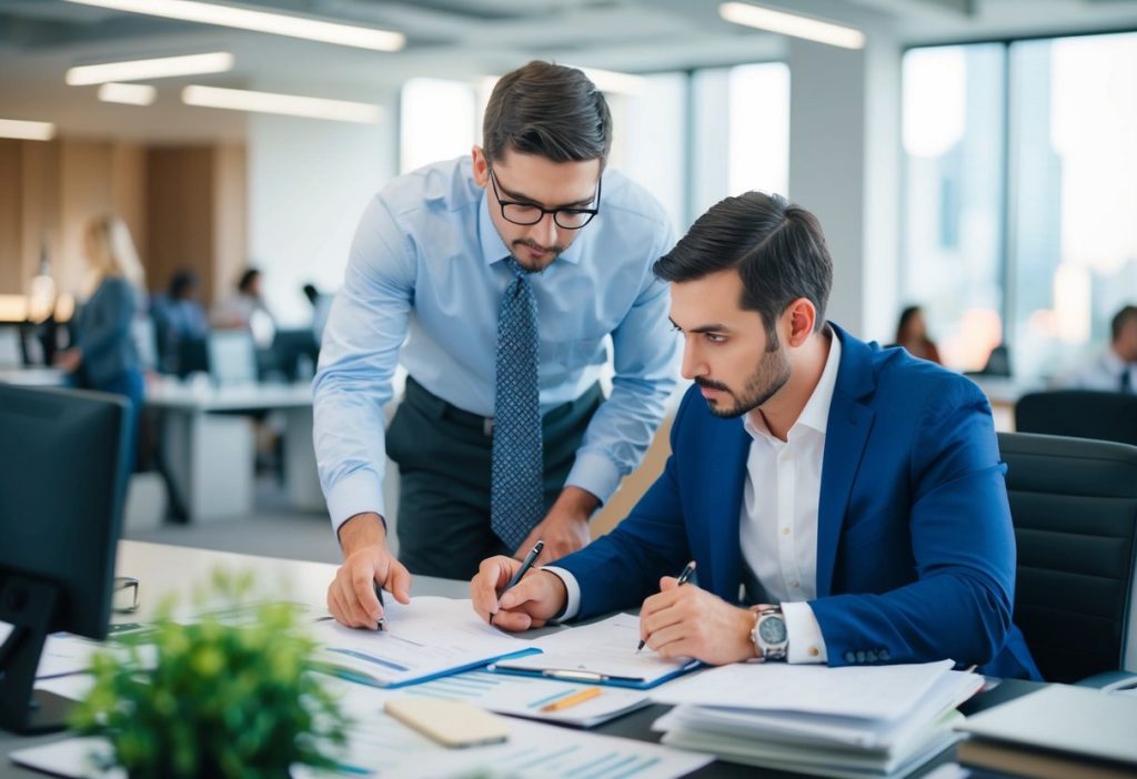 A real estate apprentice shadowing a mentor, examining property listings and taking notes in a bustling office setting