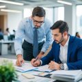 A real estate apprentice shadowing a mentor, examining property listings and taking notes in a bustling office setting