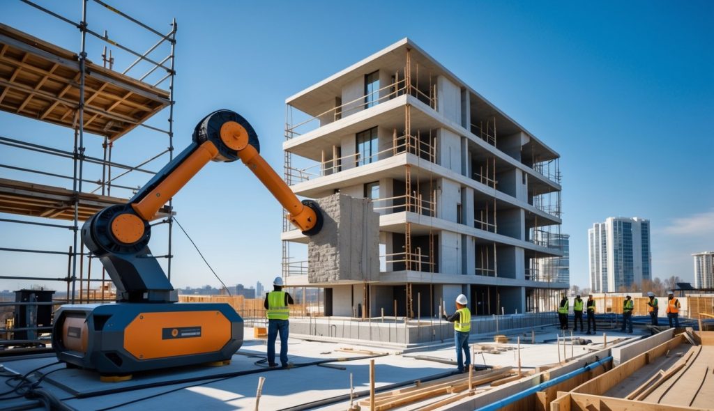 A construction site with a large 3D printer building a multi-story residential building while workers monitor the process.