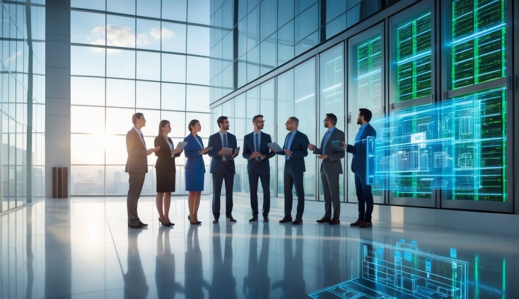 Business professionals discussing a modern data center building with visible server racks and digital displays related to AI property investments.