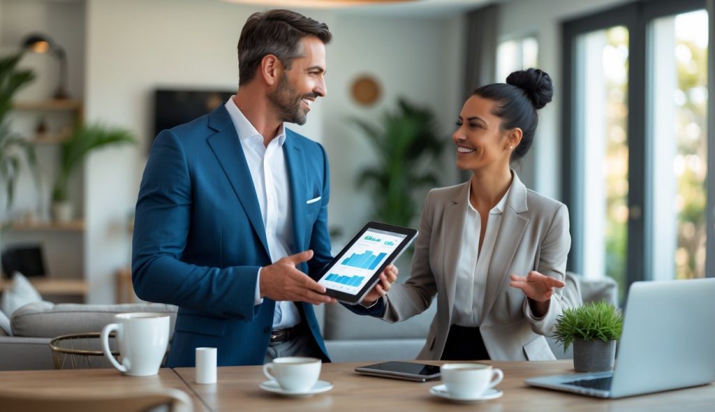 A real estate investor and an Airbnb superhost talking in a modern living room, discussing property details.