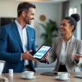 A real estate investor and an Airbnb superhost talking in a modern living room, discussing property details.