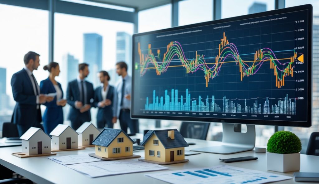 A group of professionals in an office analyzing a colorful wave-patterned graph with real estate models and documents on the desk.