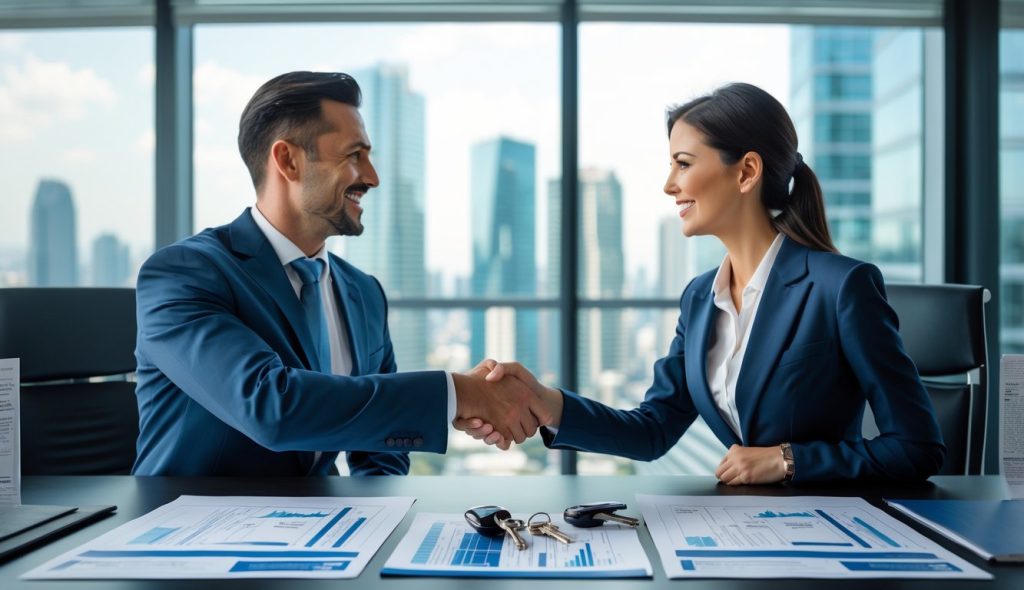 Two business professionals shaking hands over a desk with real estate documents, blueprints, and house keys in a modern office with city view.