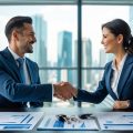 Two business professionals shaking hands over a desk with real estate documents, blueprints, and house keys in a modern office with city view.