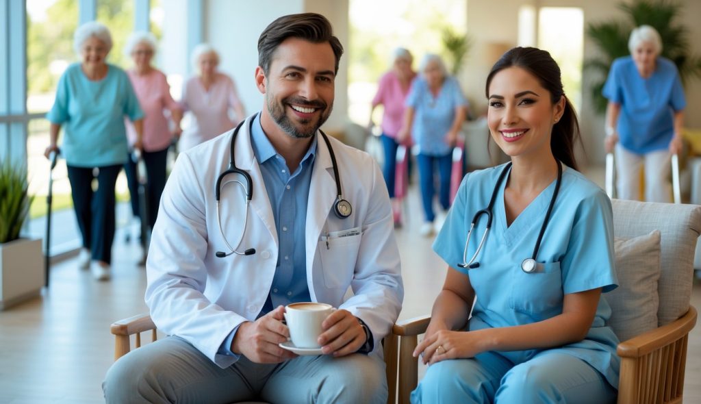 A handsome male doctor and a pretty female nurse having coffee in an assisted living facility talking about what a good investment the property is as older people walk by.