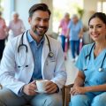 A handsome male doctor and a pretty female nurse having coffee in an assisted living facility talking about what a good investment the property is as older people walk by.