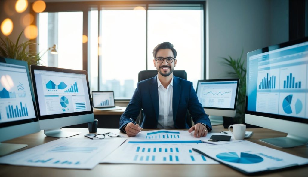 A person sitting at a desk surrounded by architectural blueprints, financial documents, and computer screens, brainstorming and planning for a real estate portfolio