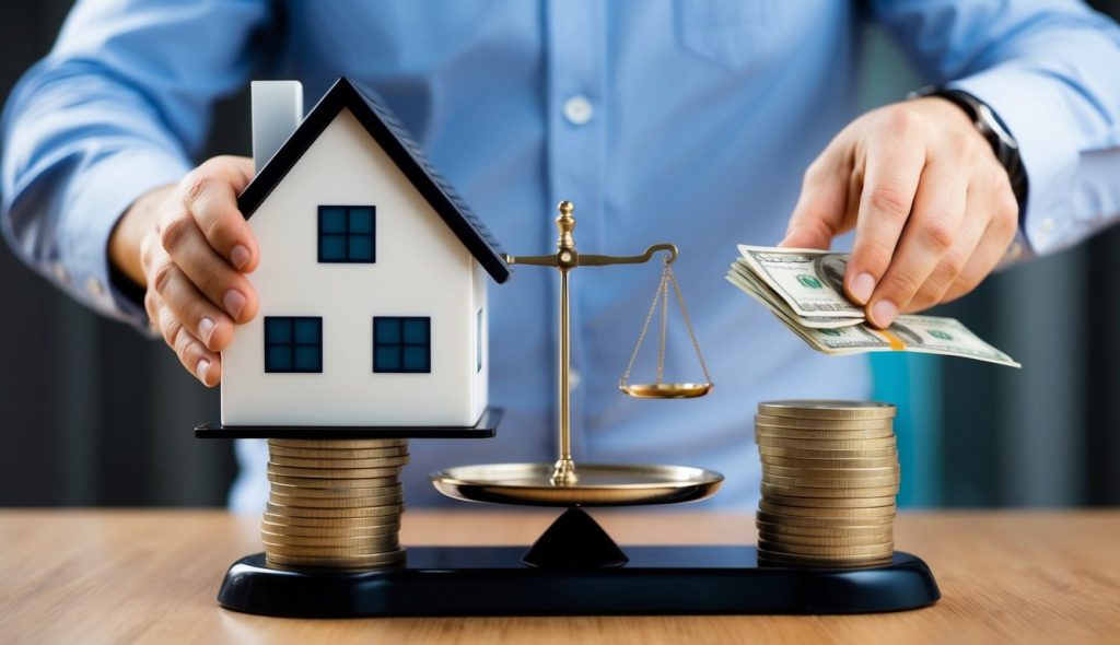 A person comparing a house and a stack of money, with a scale in between