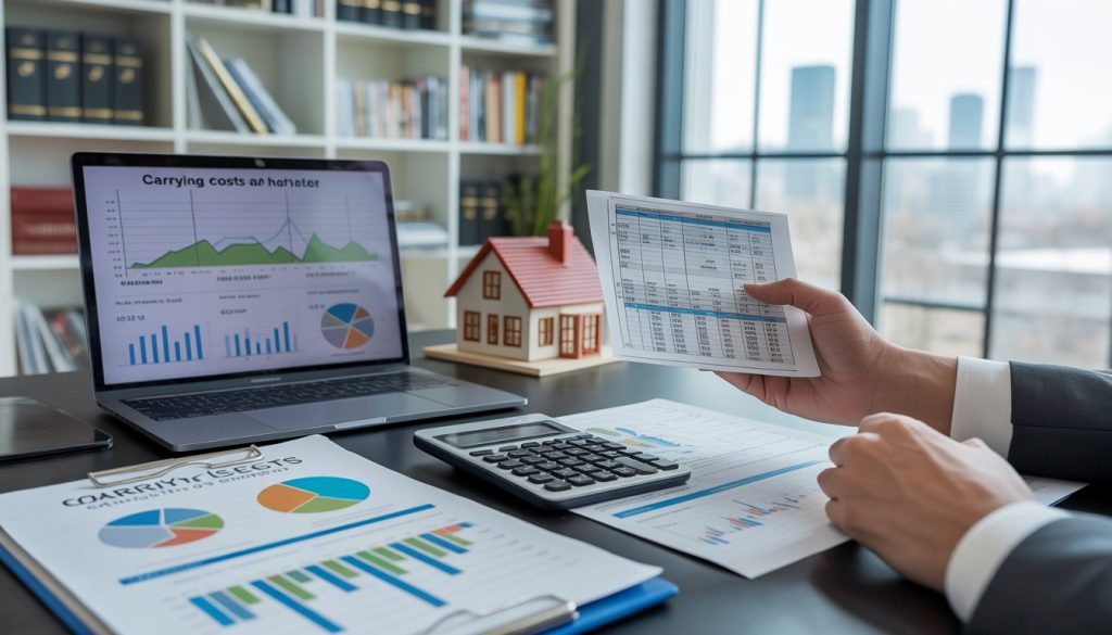 A person reviewing real estate financial documents and a house model on a desk in an office with a city view in the background.