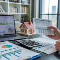 A person reviewing real estate financial documents and a house model on a desk in an office with a city view in the background.
