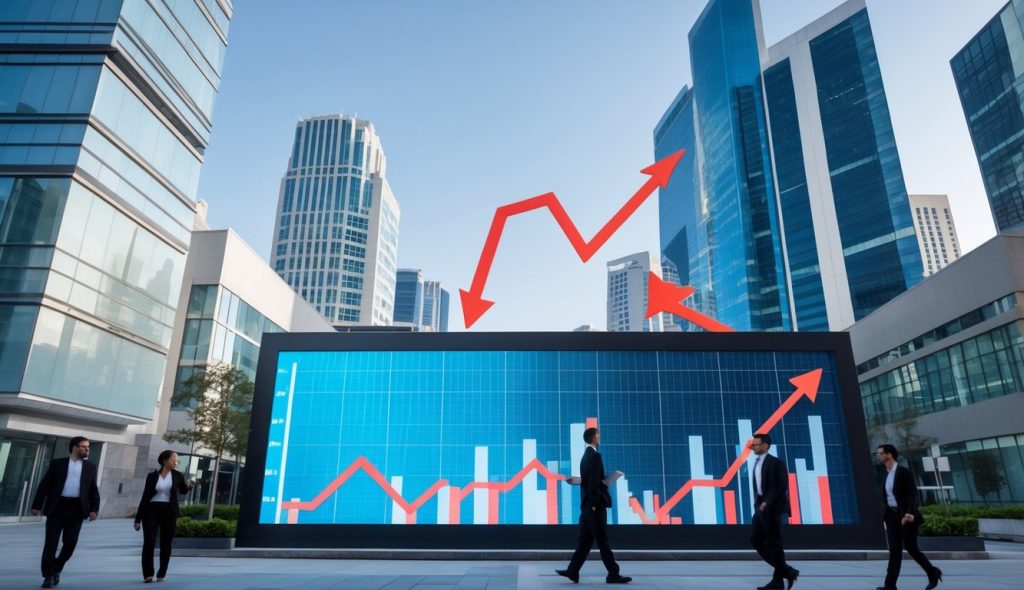 Urban commercial district with office buildings and a digital display showing a downward trending graph, with business people nearby.