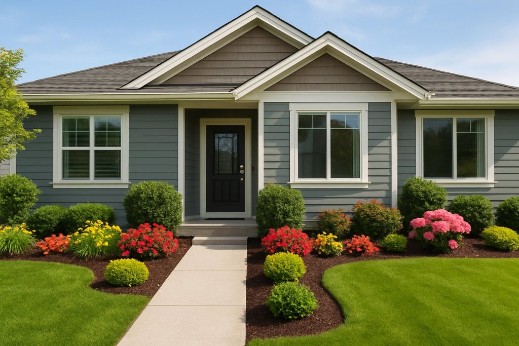 A modern suburban house with a well-kept front yard, colorful flowers, and a clean walkway leading to the front door.